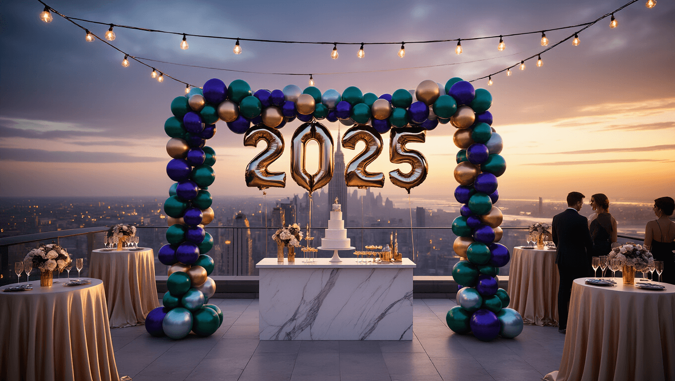A luxurious rooftop celebration scene at golden hour, featuring giant chrome '2025' balloons, vibrant organic balloon garlands, a white marble dessert table, modern silk-draped cocktail tables, crystal champagne flutes, and elegantly dressed guests mingling against a dramatic city skyline with fairy lights overhead.