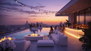 Splash into Fun: The Ultimate Guide to Hosting a Memorable Pool Birthday Party A luxurious rooftop pool party at twilight, featuring an infinity pool reflecting a golden-purple sunset, modern lounge furniture, a glowing acrylic bar with colorful cocktails, string lights overhead, and guests socializing in resort wear against a striking city skyline.