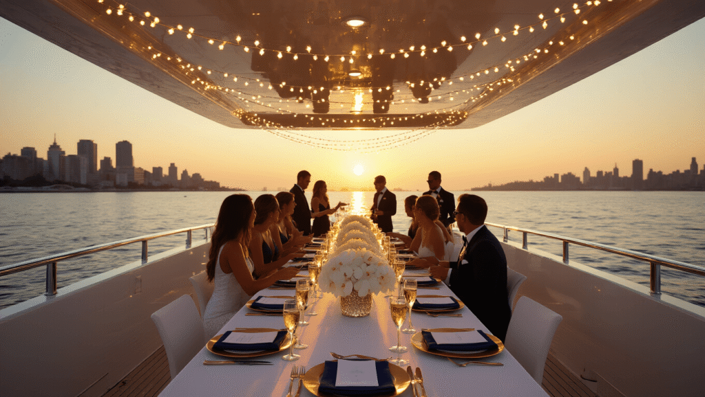 Yacht Birthday Party: The Ultimate Guide to Throwing a Luxurious Nautical Celebration A luxurious 80-foot white yacht at sunset, featuring elegant decor and stylish guests enjoying a birthday party, with a cityscape backdrop.
