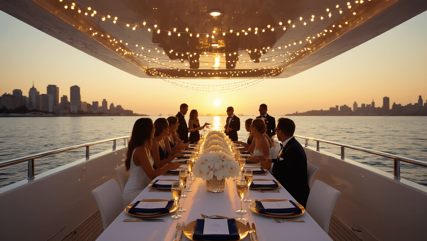 A luxurious 80-foot white yacht at sunset, featuring elegant decor and stylish guests enjoying a birthday party, with a cityscape backdrop.