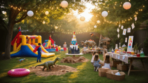 Ultimate Guide to Epic 5-Year-Old Birthday Parties: Themes, Tips, and Unforgettable Memories A whimsical backyard birthday party scene featuring activity stations like a superhero obstacle course, dinosaur dig pit, mad scientist table, and arts & crafts area, decorated with string lights and lanterns, a grand dessert table, and excited 5-year-olds engaging in fun under warm golden sunlight.