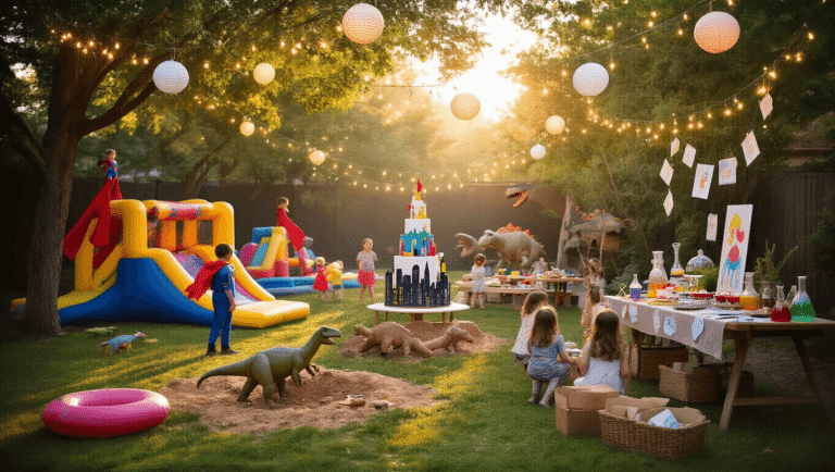 Ultimate Guide to Epic 5-Year-Old Birthday Parties: Themes, Tips, and Unforgettable Memories A whimsical backyard birthday party scene featuring activity stations like a superhero obstacle course, dinosaur dig pit, mad scientist table, and arts & crafts area, decorated with string lights and lanterns, a grand dessert table, and excited 5-year-olds engaging in fun under warm golden sunlight.