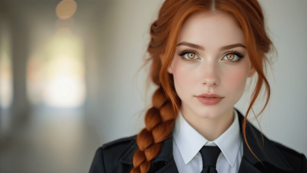 THE ULTIMATE MAKIMA COSPLAY GUIDE: TRANSFORM INTO CHAINSAW MAN'S ICONIC CHARACTER A portrait of a woman with long auburn hair in a loose braid, dressed in a white shirt and black tie, featuring golden eyes and a mysterious half-smile, set against a softly lit studio background.