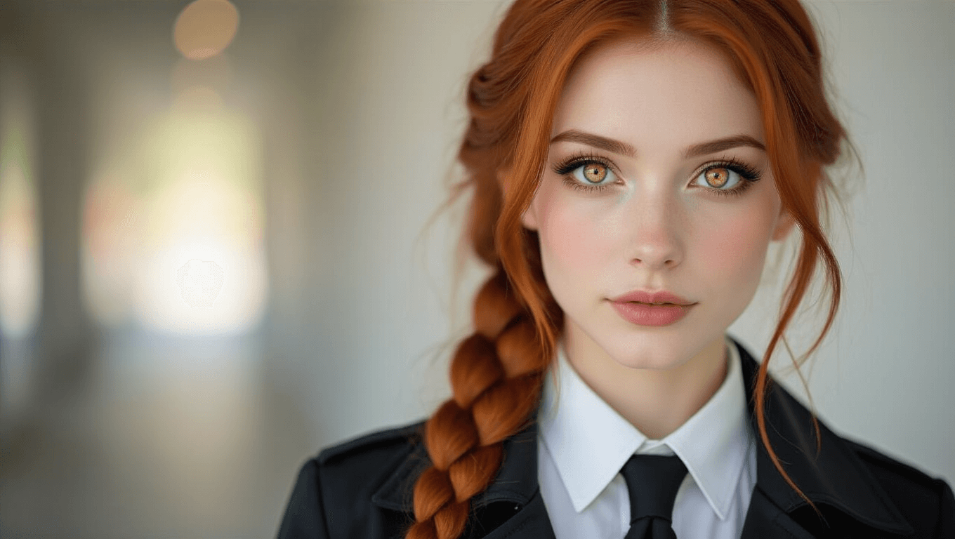 A portrait of a woman with long auburn hair in a loose braid, dressed in a white shirt and black tie, featuring golden eyes and a mysterious half-smile, set against a softly lit studio background.