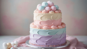 Cotton Candy Birthday Cake: A Whimsical Celebration Dessert A beautifully layered marble birthday cake with pastel pink, blue, and violet buttercream frosting on a silver cake stand, topped with cotton candy clouds and sprinkled with edible glitter, set against a bright kitchen backdrop.