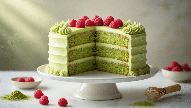 Matcha Green Tea Birthday Cake: A Celebration of Flavor and Tradition A stunning two-layer matcha cake with smooth matcha buttercream, elegantly displayed on a white ceramic cake stand, surrounded by fresh raspberries, a bamboo whisk, and a dusting of matcha powder, captured in soft natural light with a blurred background of tea leaves and a ceramic tea bowl.