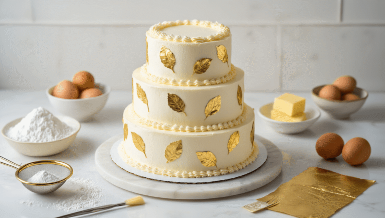 Metallic Gold-Leaf Birthday Cake: A Luxurious Showstopper Dessert Three-layer birthday cake with white buttercream and edible gold leaf on a marble turntable, surrounded by baking ingredients, captured in warm studio lighting.