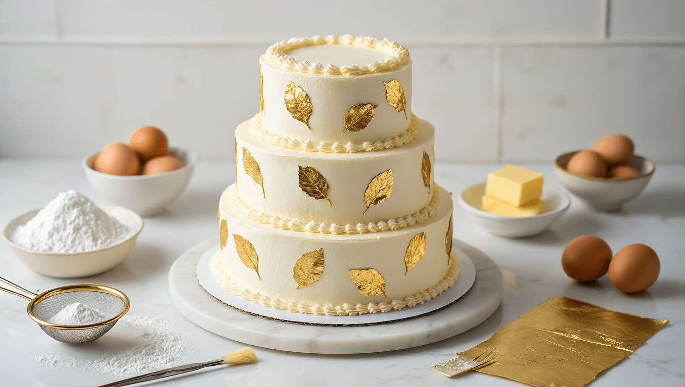 Three-layer birthday cake with white buttercream and edible gold leaf on a marble turntable, surrounded by baking ingredients, captured in warm studio lighting.