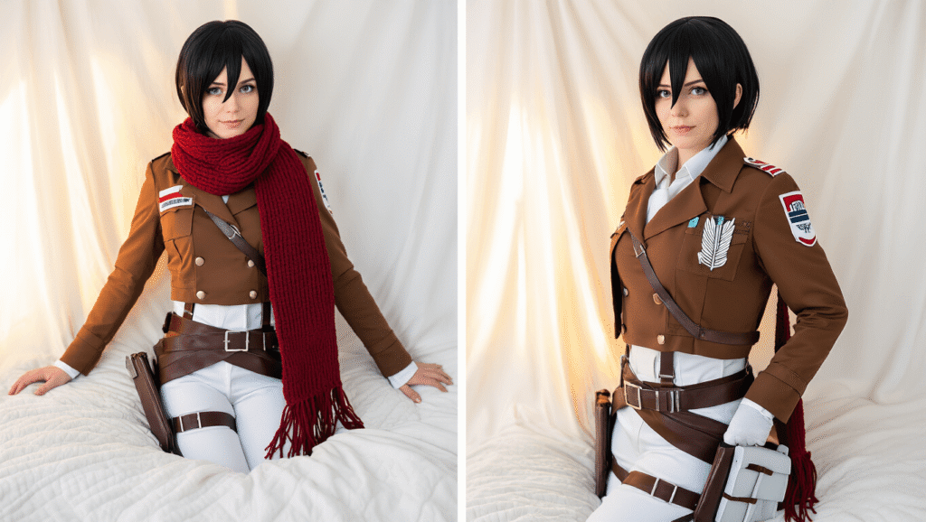 The Ultimate Mikasa Ackerman Cosplay Mikasa Ackerman cosplay layout with burgundy scarf, brown military jacket, short black wig, white uniform pieces, and leather harness accessories on a clean white background, illuminated by warm golden hour lighting.