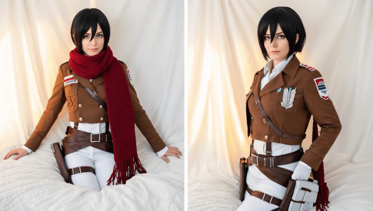 The Ultimate Mikasa Ackerman Cosplay Mikasa Ackerman cosplay layout with burgundy scarf, brown military jacket, short black wig, white uniform pieces, and leather harness accessories on a clean white background, illuminated by warm golden hour lighting.