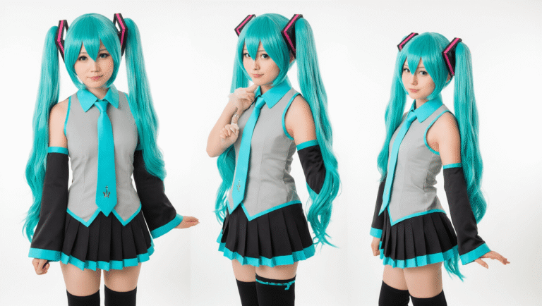 10 Must-Know Tips for Nailing Your Miku Cosplay Look Hatsune Miku cosplay essentials including a turquoise twin tails wig, gray and aqua outfit, black arm warmers, and thigh-high boots, arranged on a pristine white background with professional studio lighting.