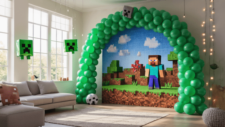 Minecraft Balloons: The Ultimate Party Decor and Gaming Guide A vibrant Minecraft-themed party scene featuring a balloon arch in pixel patterns, character-shaped foil balloons, and a balloon mosaic with a crafting table-inspired dessert station, all bathed in soft natural light and atmospheric haze.