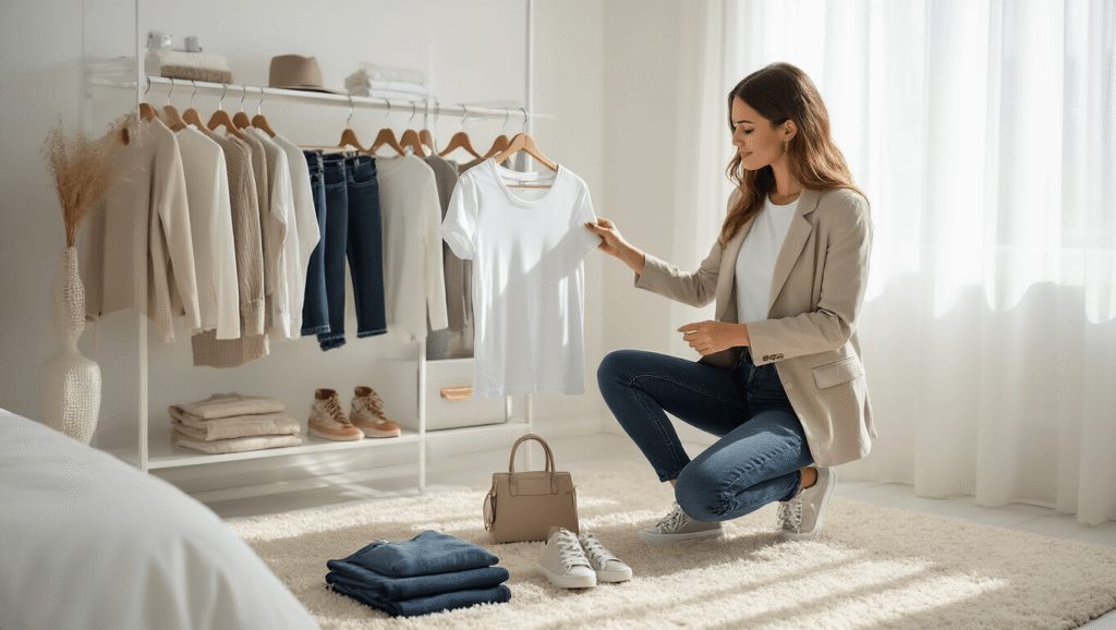 The Ultimate Guide to Casual Chic: How to Look Effortlessly Stylish Every Day A fashion-forward woman curates a minimalist capsule wardrobe in a sunlit white bedroom, showcasing dark wash jeans, a white t-shirt, a blazer, and sneakers on a plush cream carpet, with organized neutral-toned basics illuminated by natural light streaming through sheer curtains.
