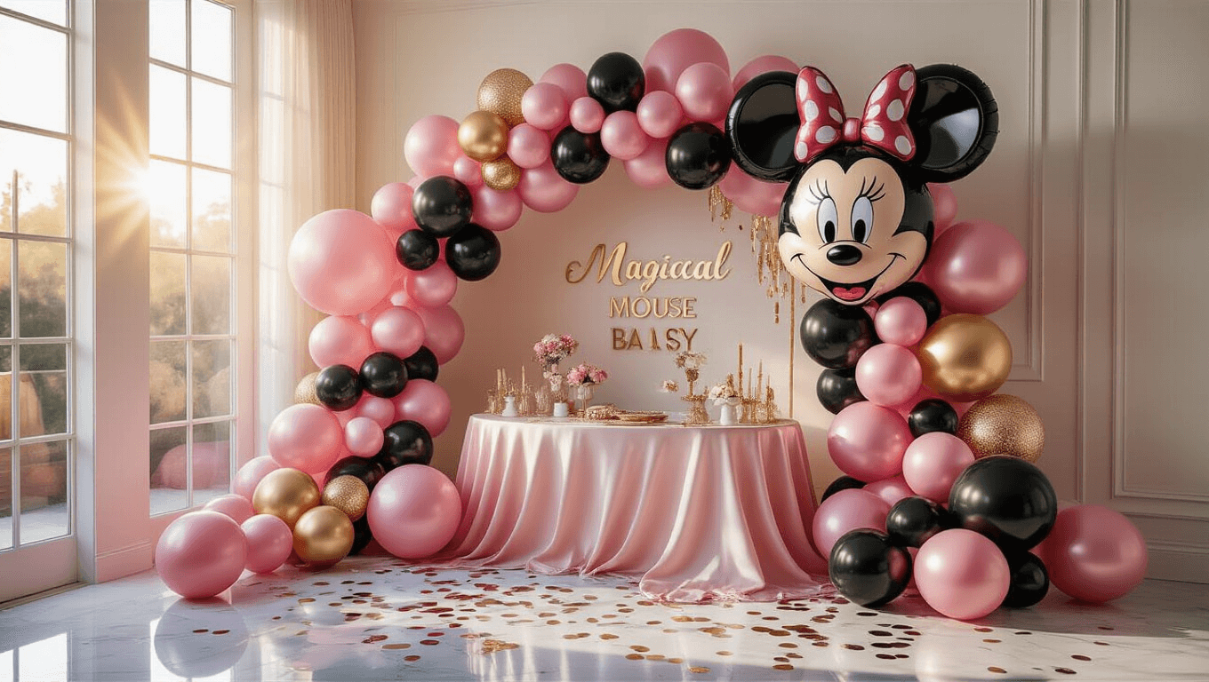 Enchanted Minnie Mouse balloon party setup with pink, black, and gold accents in a sunlit modern living room, featuring a dramatic AirWalker balloon centerpiece, elegant table settings, and vibrant decor elements.