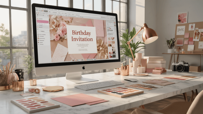 Ultimate Guide to Creating the Perfect Birthday Party Invitation Template A photorealistic interior of a modern design studio workspace featuring an iMac with Canva's birthday invitation templates, organized desk with color swatches and premium cardstock in blush pink and cream, natural light from floor-to-ceiling windows, and a mood board of party themes, all captured in warm golden hour lighting with shallow depth of field.