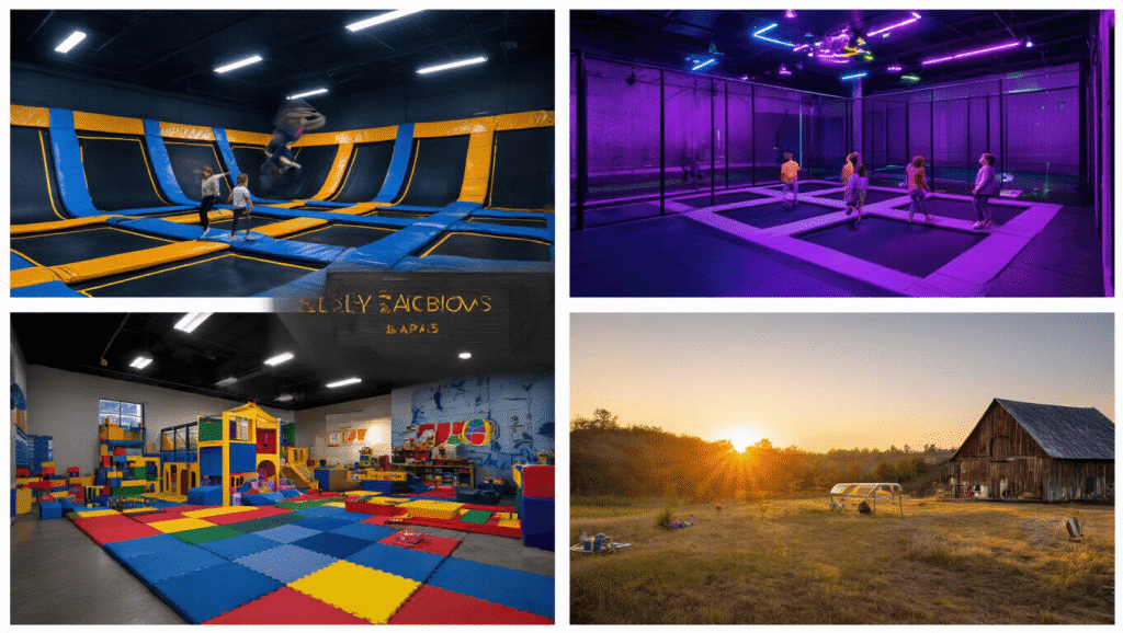 Ultimate Guide to Unforgettable Kids' Birthday Party Venues A vibrant composite image featuring five distinct birthday party venues, each showcasing excited children engaged in playful activities: Urban Air’s neon-lit trampoline park, Sky Zone’s blacklight party area, Snapology’s LEGO building station, Peek-a-Boo Factory's colorful indoor playground, and Butter & Egg Adventures' rustic outdoor setting at golden hour.