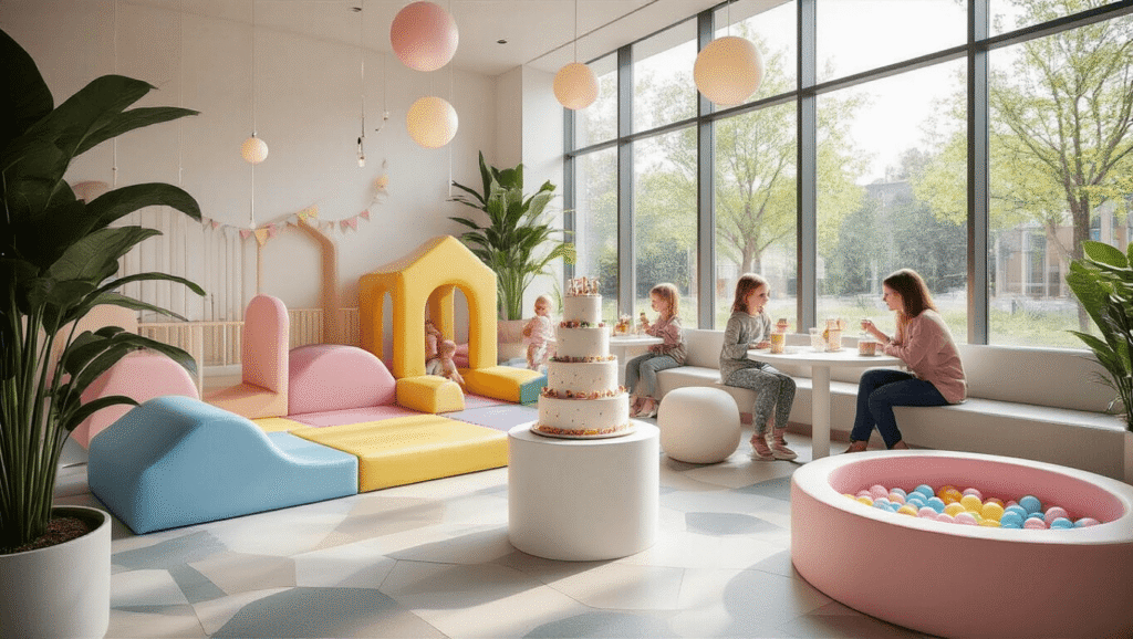 Toddler Birthday Party Venues: The Ultimate Guide to Memorable Celebrations Photorealistic interior of a modern indoor play cafe during a toddler birthday celebration, featuring vibrant soft play structures in pastel colors, a 3-tier cake display, and happy toddlers playing, all enveloped in warm, natural lighting from large windows.