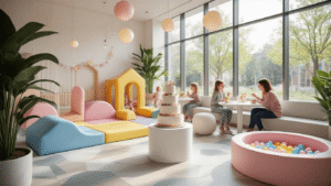 Toddler Birthday Party Venues: The Ultimate Guide to Memorable Celebrations Photorealistic interior of a modern indoor play cafe during a toddler birthday celebration, featuring vibrant soft play structures in pastel colors, a 3-tier cake display, and happy toddlers playing, all enveloped in warm, natural lighting from large windows.