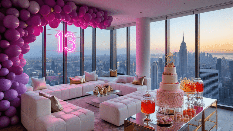 13 Epic Birthday Party Ideas for Girls That Will Blow Their Minds! A luxurious penthouse birthday party for a modern teen, featuring a cityscape view, ombré purple balloon installation, neon sign reading "13", elegant modular seating, a stylish dessert table, preserved flower wall backdrop, and teens with professional lighting and designer props, all captured in warm ambient lighting.