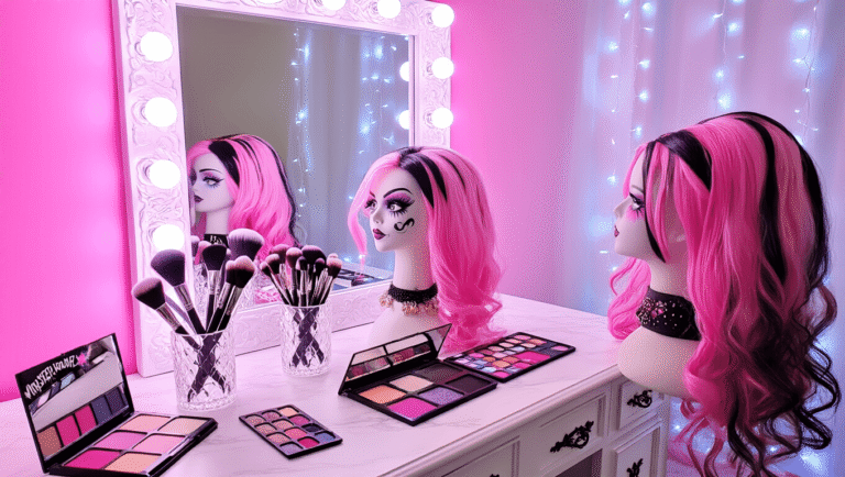 Monster High Cosplay: Transform into Your Favorite Character A makeup studio featuring a pink Draculaura wig on a mannequin, elegant makeup brushes on a marble vanity, and Monster High-themed face paint palettes, all illuminated by soft pink and purple LED lights and reflected in a large ornate mirror.
