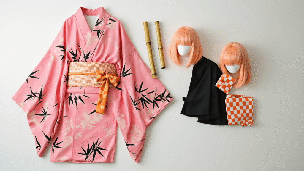 Nezuko Cosplay: Your Complete Guide to Nailing the Perfect Demon Slayer Look Cosplay costume featuring a pink kimono with hemp leaf patterns, an orange checkered obi belt, a black haori jacket, a bamboo muzzle prop, and a peachy-pink wig, arranged on a clean white background with soft warm lighting.