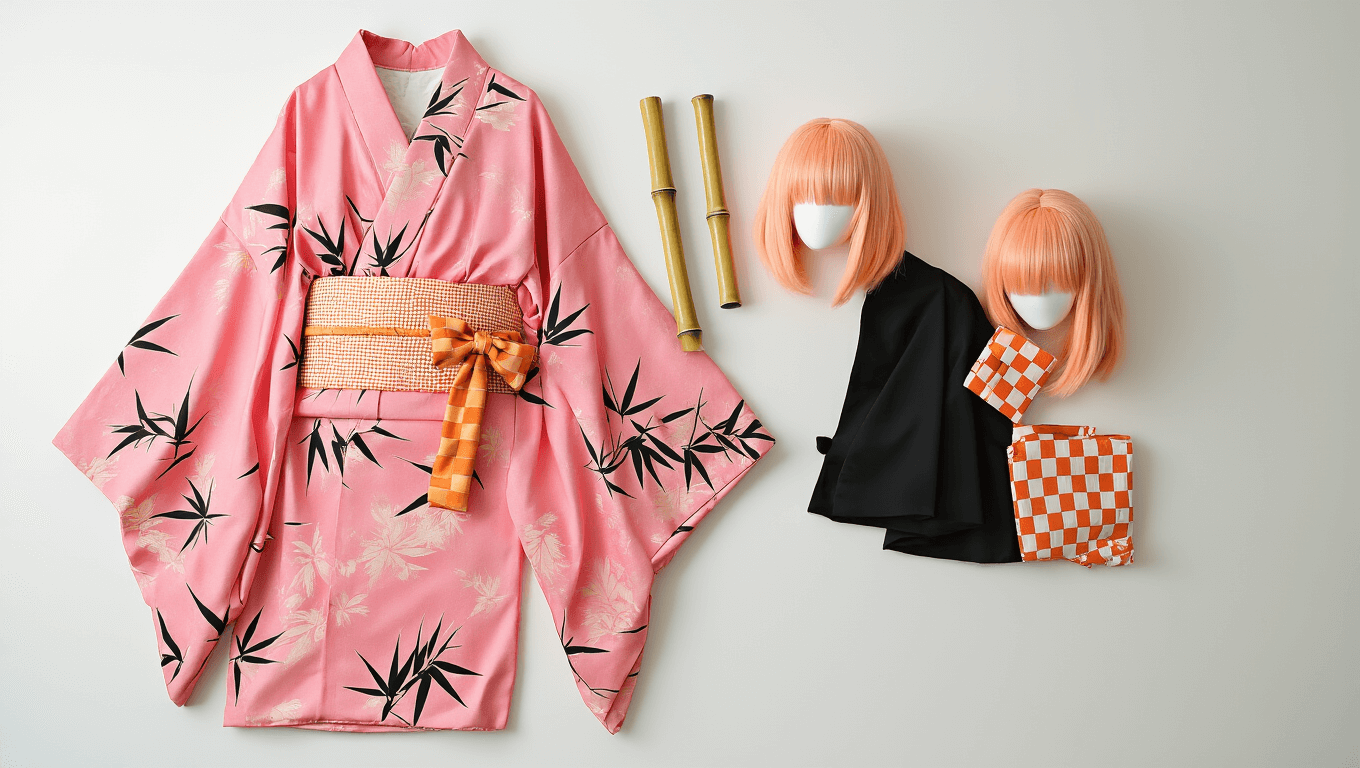 Cosplay costume featuring a pink kimono with hemp leaf patterns, an orange checkered obi belt, a black haori jacket, a bamboo muzzle prop, and a peachy-pink wig, arranged on a clean white background with soft warm lighting.