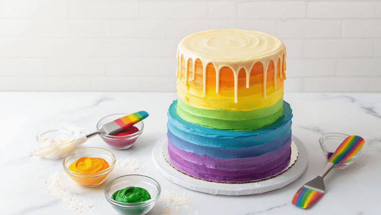 Ombre Rainbow Birthday Cake: A Showstopping Celebration Dessert Cinematic overhead shot of a three-tiered ombre rainbow birthday cake with gradient buttercream frosting and white chocolate drip on a marble surface, surrounded by baking tools and vibrant gel food coloring, illuminated by warm golden hour lighting.