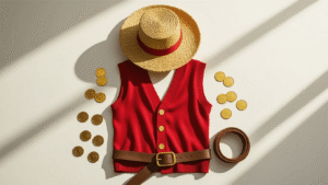 One Piece Cosplay: Nailing Every Straw Hat Look A flat lay of One Piece cosplay elements including a weathered straw hat, a vibrant red cardigan vest, a coiled brown belt, and scattered golden coins on a clean white background, illuminated by soft natural lighting.