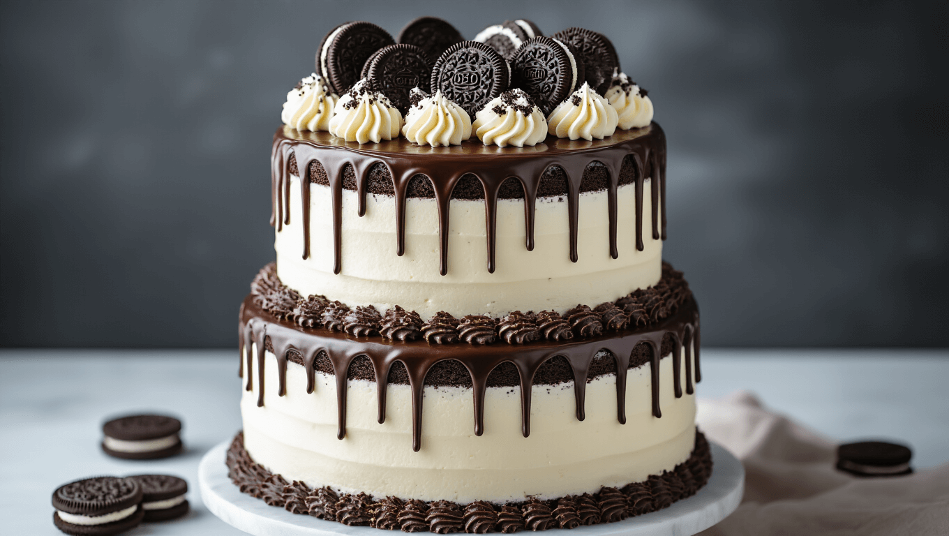 A three-tiered chocolate birthday cake with Oreo buttercream, detailed with glossy ganache drips, whole and crushed Oreos, and delicate chocolate shavings, presented on a marble stand with a soft-focus charcoal background.