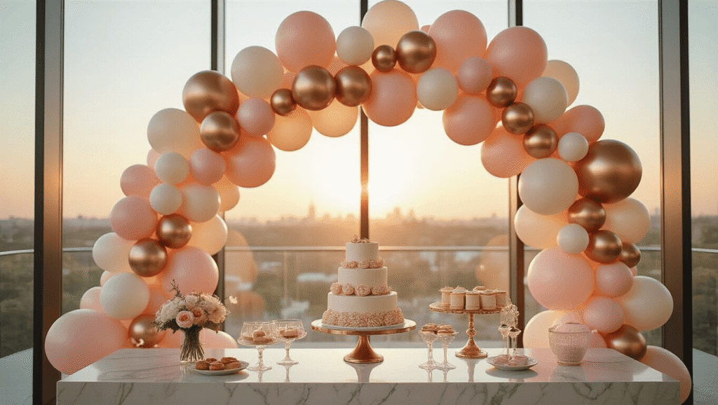 How to Create the Perfect Balloon Arch: A Complete Guide for Stunning Event Decor Cinematic wide-angle shot of a blush pink, cream, and rose gold organic balloon arch framing an elegant dessert table in a modern event space during golden hour, with soft sunlight highlighting luxurious balloon textures and sparkling fairy lights.