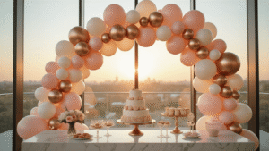How to Create the Perfect Balloon Arch: A Complete Guide for Stunning Event Decor Cinematic wide-angle shot of a blush pink, cream, and rose gold organic balloon arch framing an elegant dessert table in a modern event space during golden hour, with soft sunlight highlighting luxurious balloon textures and sparkling fairy lights.