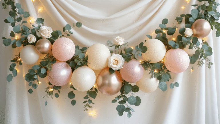 Aesthetic Balloon Decor: Transform Your Event with Stunning Balloon Designs Cinematic close-up of an elegant organic balloon garland in blush pink, cream, and champagne with eucalyptus and fairy lights on a white backdrop, featuring varying balloon sizes, silk ribbons, and scattered confetti bobo balloons, all warmly lit for a sophisticated celebration aesthetic.