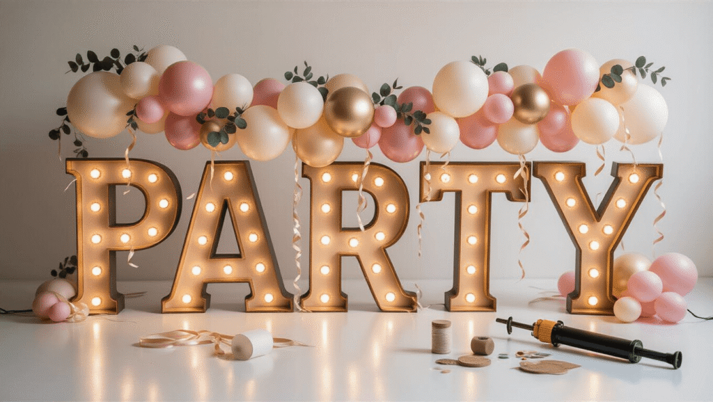 Marquee Letters with Balloons: The Ultimate Event Decor Showstopper Cinematic close-up of illuminated marquee letters spelling "PARTY" with cascading balloon garlands in blush pink, cream, and gold against a white backdrop, featuring warm lighting, textures, and decorative supplies in the foreground.