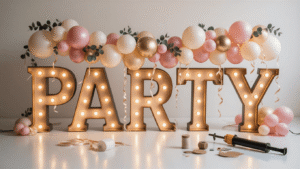Marquee Letters with Balloons: The Ultimate Event Decor Showstopper Cinematic close-up of illuminated marquee letters spelling "PARTY" with cascading balloon garlands in blush pink, cream, and gold against a white backdrop, featuring warm lighting, textures, and decorative supplies in the foreground.