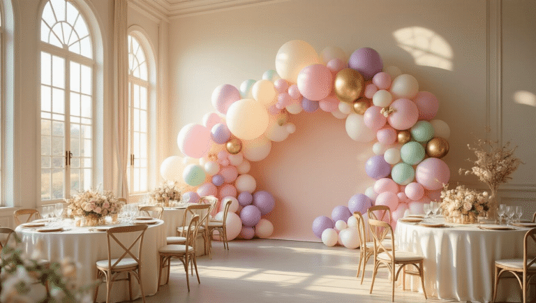 Balloon Backgrounds: The Ultimate Guide to Creating Stunning Event Backdrops Elegant indoor celebration space featuring a large-scale pastel balloon backdrop in pink, lavender, mint green, and cream tones, illuminated by warm golden lighting, with round tables dressed in ivory silk linens and floral arrangements, creating a vibrant, inviting atmosphere.