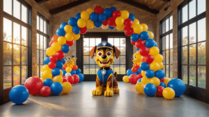 Creating the Ultimate PAW Patrol Balloon Bash: A Parent's Dream Guide A vibrant PAW Patrol birthday celebration featuring a grand balloon arch in signature colors, a Chase character balloon centerpiece, organic balloon garlands, and an Adventure Bay backdrop, illuminated by golden hour light.