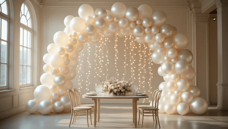 Elevate Your Event: The Ultimate Guide to Pearl Balloons - Shimmer, Style, and Sophistication A stunning event space featuring a grand arch of pearlescent balloons in white, silver, and champagne tones, adorned with fairy lights, and a styled tablescape with crystal elements and fresh flowers, all captured in soft natural lighting during golden hour.
