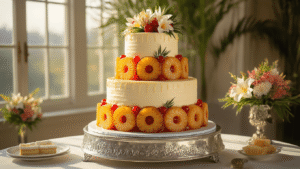 Pineapple Upside-Down Wedding Cake: A Tropical Celebration Showstopper A stunning 4-tiered pineapple upside-down wedding cake on a silver pedestal, featuring caramelized pineapple rings and maraschino cherries, adorned with buttercream, tropical flowers, and gold leaf accents, illuminated by natural sunlight in an elegant venue.
