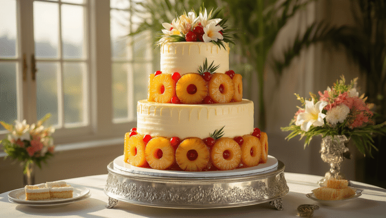 Pineapple Upside-Down Wedding Cake: A Tropical Celebration Showstopper A stunning 4-tiered pineapple upside-down wedding cake on a silver pedestal, featuring caramelized pineapple rings and maraschino cherries, adorned with buttercream, tropical flowers, and gold leaf accents, illuminated by natural sunlight in an elegant venue.