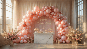 Pink Balloons Aesthetic: The Ultimate Guide to Creating Instagram-Worthy Celebrations Cinematic wide-angle shot of an elegant celebration space featuring an organic pink balloon garland against a shimmering backdrop, with ivory silk drapery and a marble-topped styling station displaying party preparation elements, accented by fresh white peonies and sage greenery, all illuminated by golden hour sunlight and soft fairy lights.