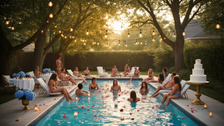 Henry Gamble's Birthday Party: A Subtle Exploration of Faith, Identity, and Adolescence A vibrant suburban backyard pool party at golden hour, featuring teenagers lounging by a candle-filled pool adorned with rose petals and fairy lights, while a tiered birthday cake sits elegantly nearby, capturing a mix of warmth and tension in the atmosphere.