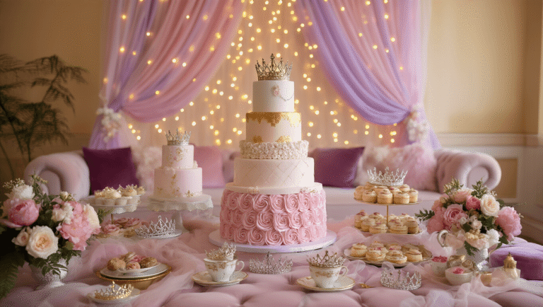 Magical Princess Birthday Party: Your Ultimate Guide to Royally Awesome Celebration Cinematic overhead view of a luxurious princess birthday party setup with tiered cakes, crowns, and fairy lights in a pastel-themed living room, featuring plush cushions, floral arrangements, and elegant decor in warm golden hour lighting.