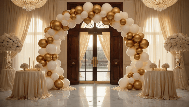 Prom Balloons: The Ultimate Guide to Creating Unforgettable Event Decor Opulent ballroom entrance with metallic gold and ivory balloon arch, ornate double doors, cascading balloon clusters, and warm golden hour lighting reflecting on polished marble floors.