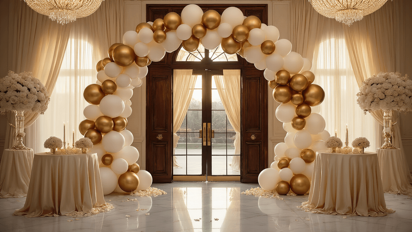 Opulent ballroom entrance with metallic gold and ivory balloon arch, ornate double doors, cascading balloon clusters, and warm golden hour lighting reflecting on polished marble floors.