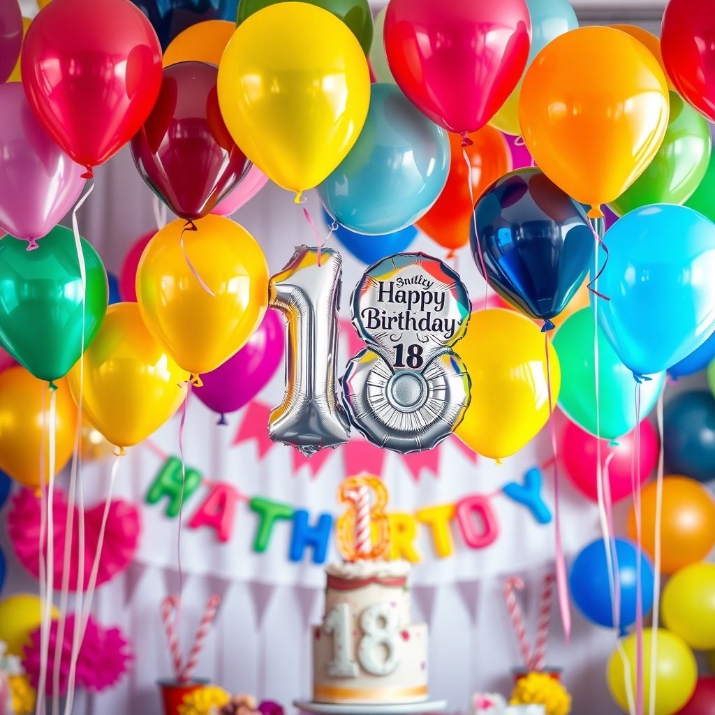 19 Creative Birthday Party Ideas to Celebrate in Style Colorful balloons with a silver '18' balloon for an 18th birthday celebration. Creative Birthday Party Ideas