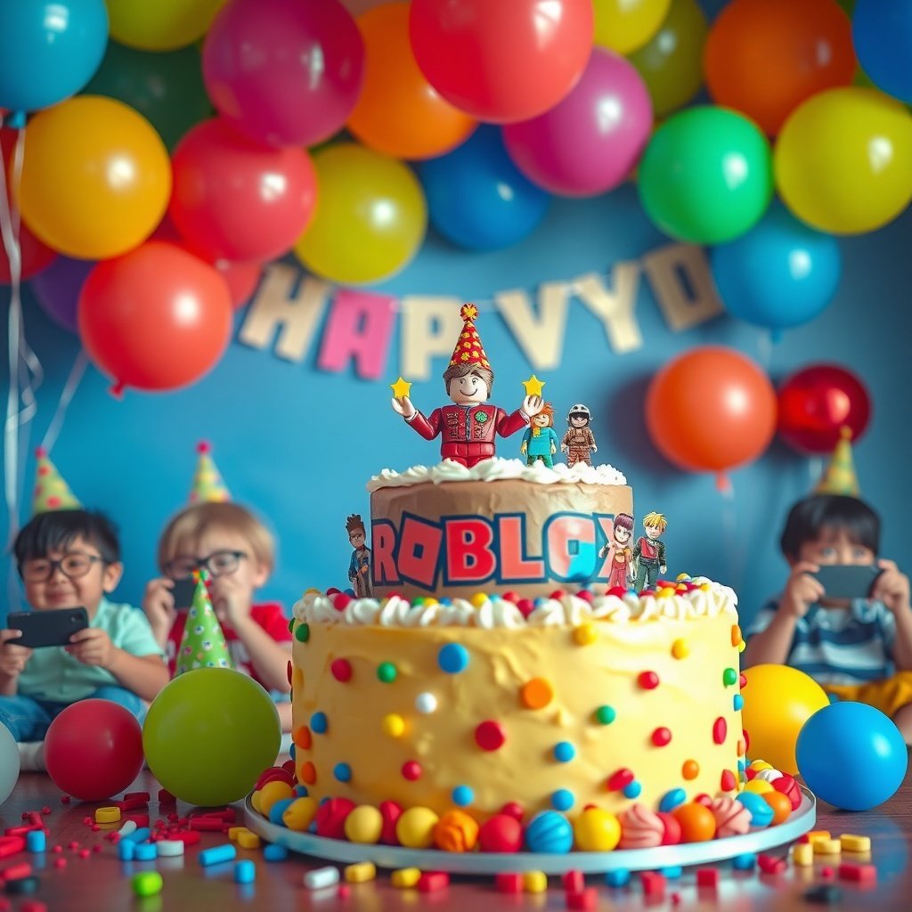 19 Creative Birthday Party Ideas to Celebrate in Style A colorful Roblox birthday party setup with a cake and children celebrating.