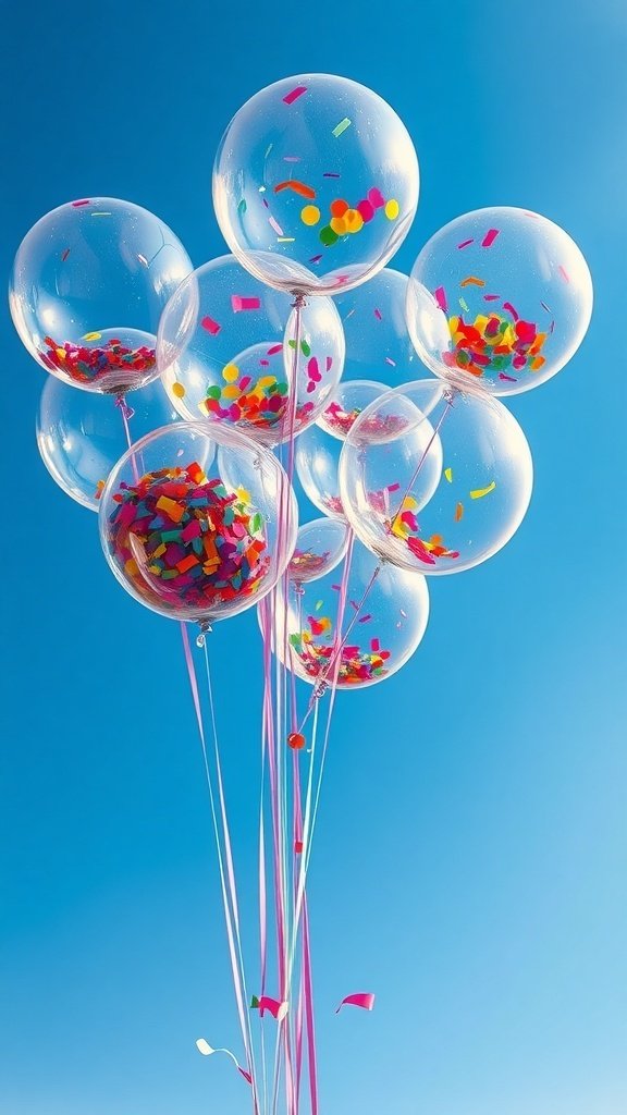 9 Creative Balloon Ideas for Your Next Celebration A bunch of clear balloons filled with colorful confetti against a blue sky.