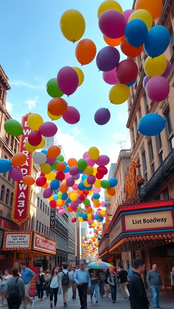 9 Creative Balloon Ideas for Your Next Celebration Colorful balloons floating above a Broadway street with people walking below.