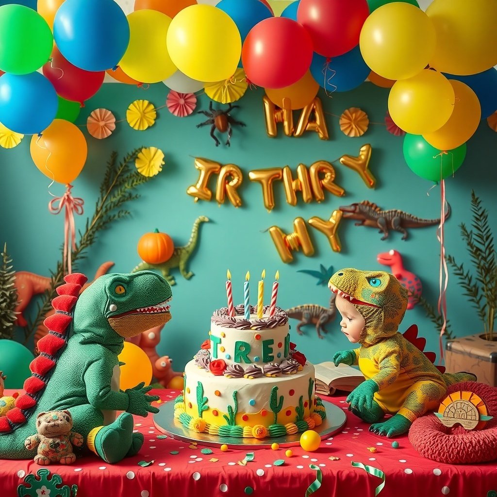 19 Creative Birthday Party Ideas to Celebrate in Style A colorful dinosaur-themed birthday party setup with balloons, a cake, and children in dinosaur costumes.