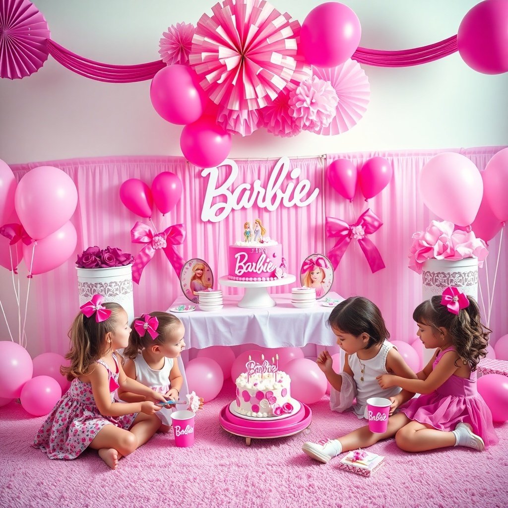 19 Creative Birthday Party Ideas to Celebrate in Style A vibrant Barbie birthday party setup with pink decorations, balloons, and a cake.